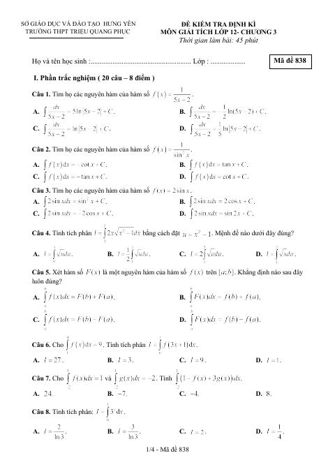 Đề kiểm tra định kỳ Giải tích 12 chương 3 trường THPT Triệu Quang Phục – Hưng Yên (bản Word)
